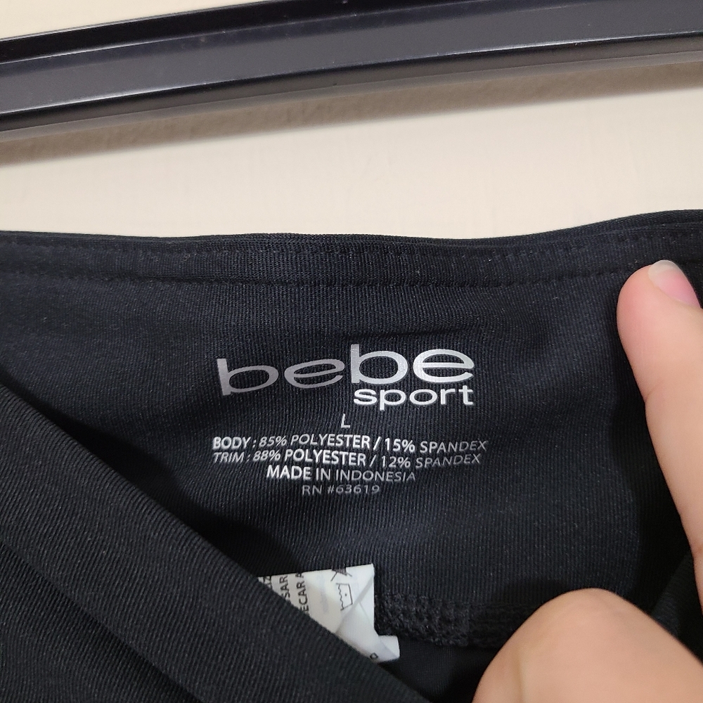 Bebe Sport Black Faux Leather Leggings Womens L Rhinestone‎ Logo Rockstar Glam - Picture 6 of 8